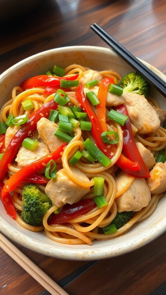 A bowl of stir-fried noodles with vegetables and chicken, garnished with green onions, on a wooden table.
